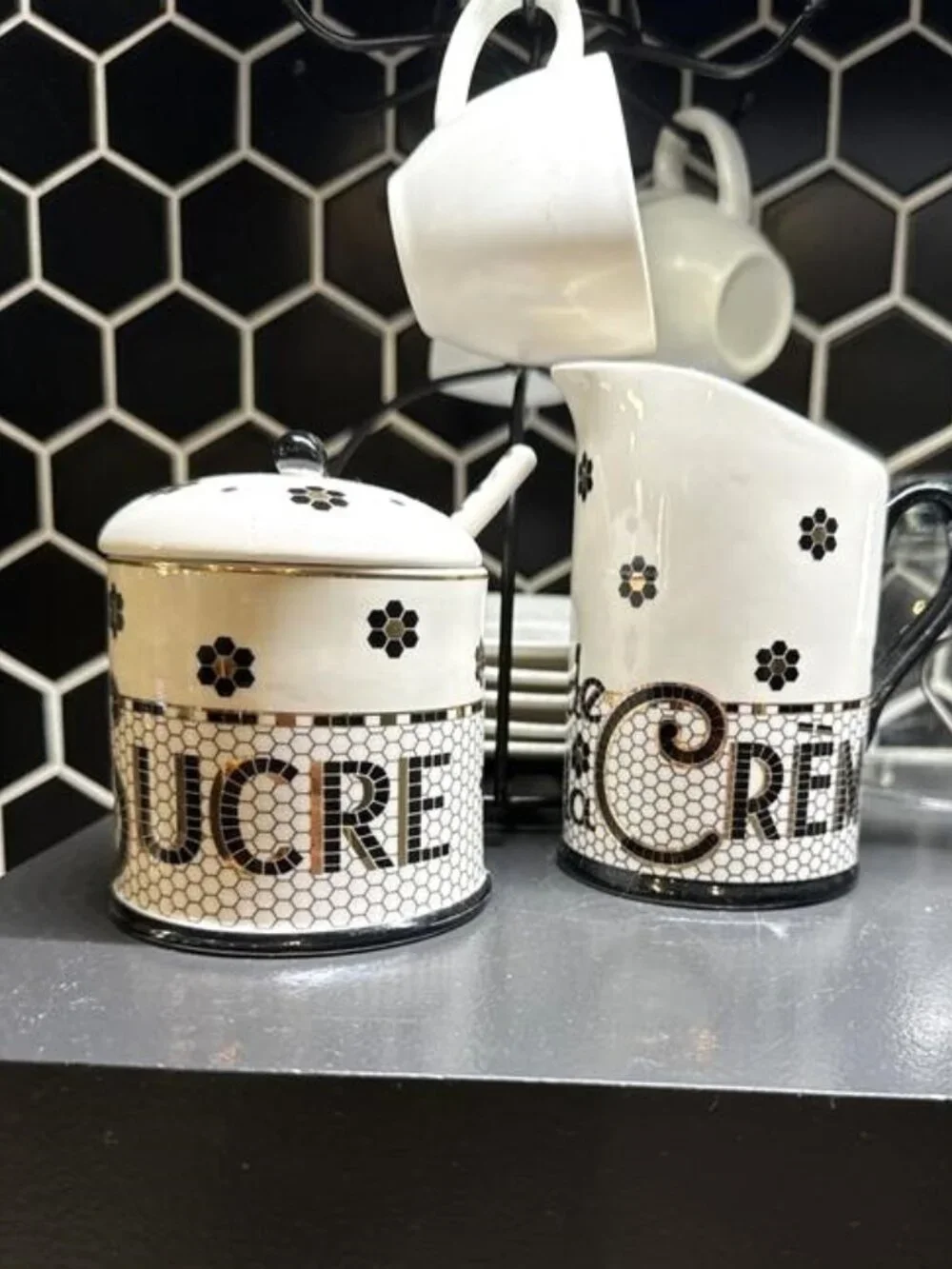 Anthropologie Bistro Tile Decaled Stoneware Sugar Bowl Pot 3 Pcs Set Mosaic New